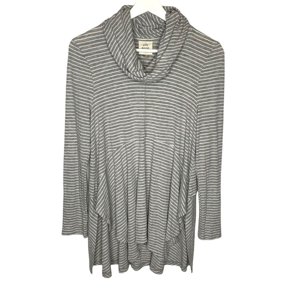 Comfy Slouchy Gray White Striped Waffle Knit Lagenlook Style Long Sleeve Tunic - Picture 1 of 9